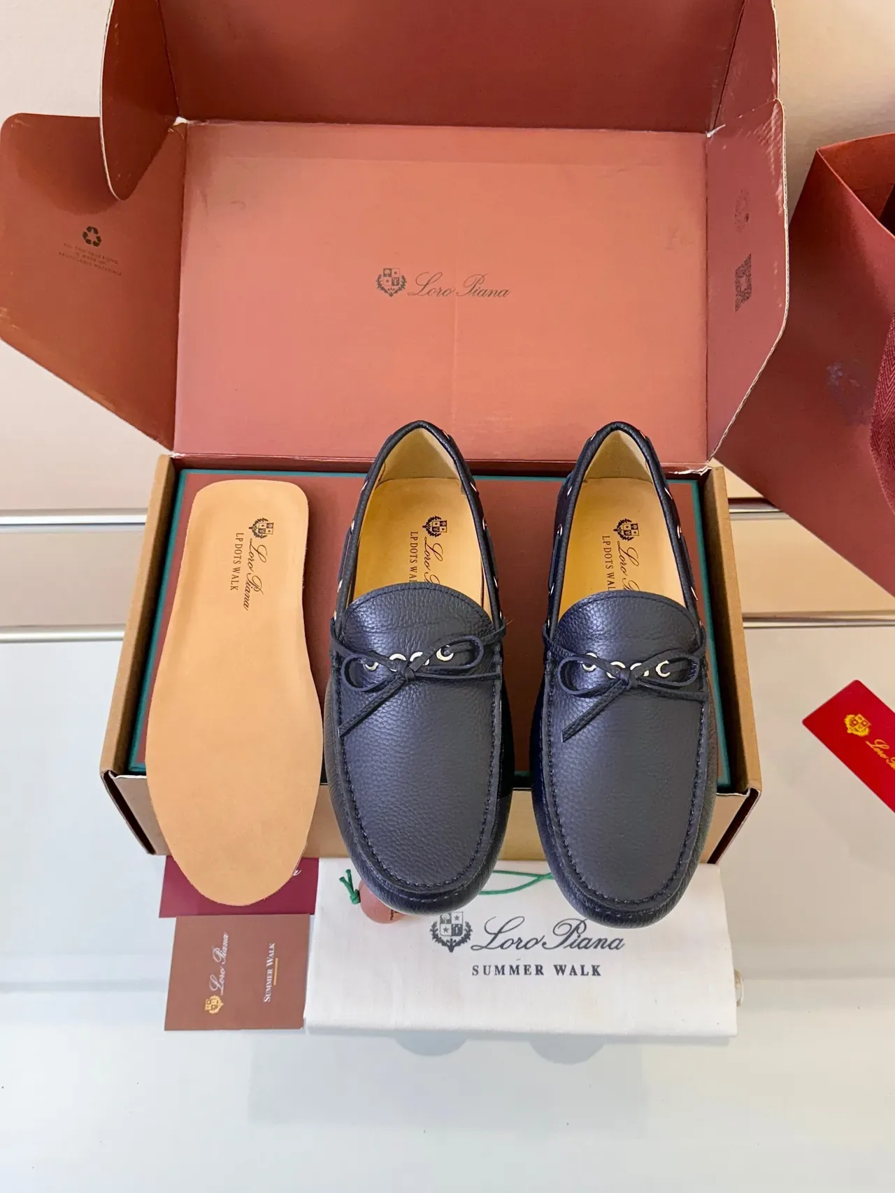 Navy White Pebbled Leather Moc-Toe Loafer 6