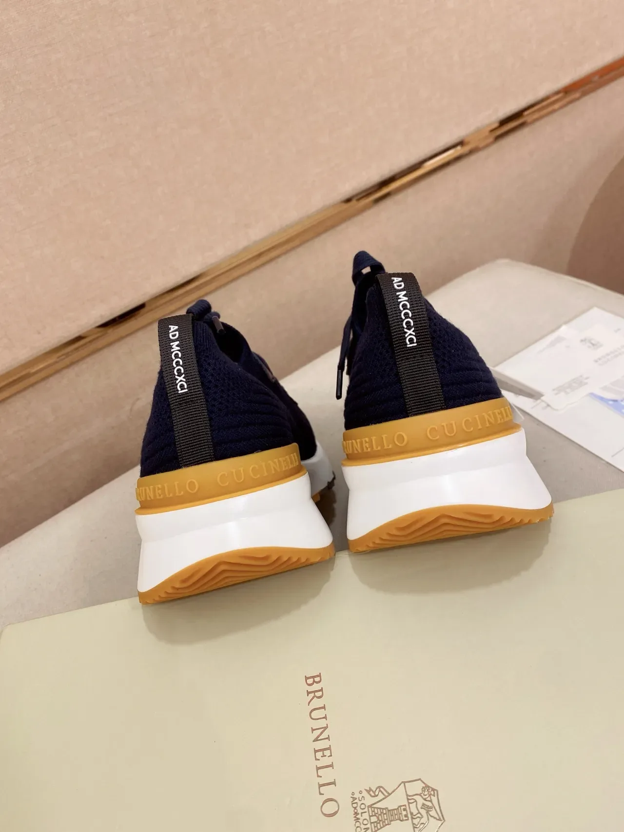 Navy Yellow Knit Upper Ribbed Texture Sneakers 3