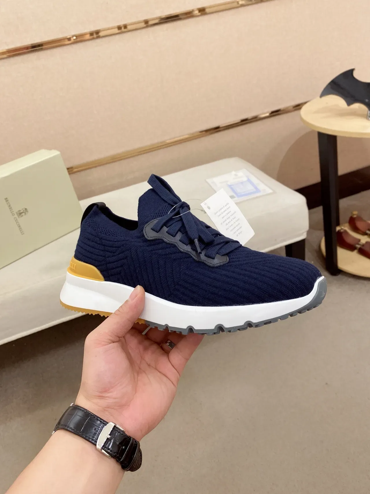 Navy Yellow Knit Upper Ribbed Texture Sneakers 4