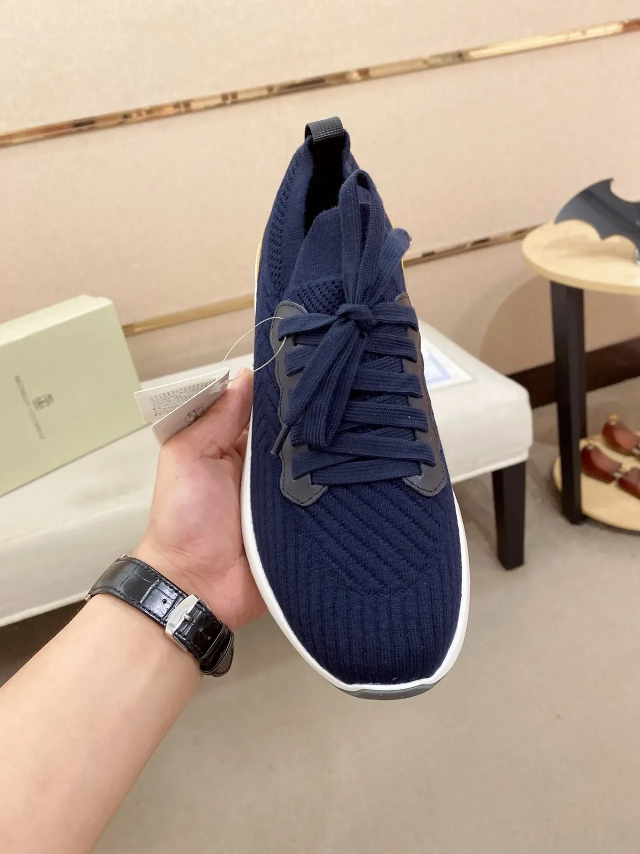 Navy Yellow Knit Upper Ribbed Texture Sneakers 5