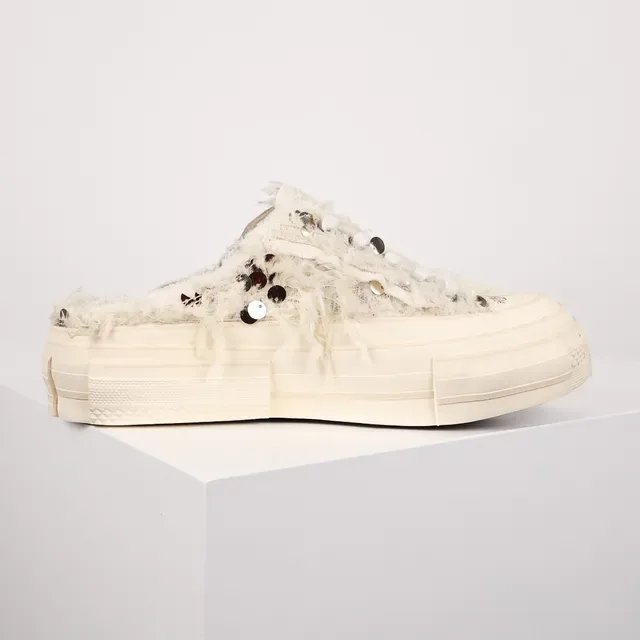 Off-White Frayed Textile Backless Platform Slip-On Casual Shoes 7