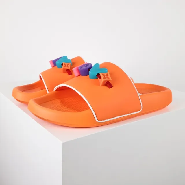 Orange Multicolor Molded Rubber Single-Strap Slide Slippers 2