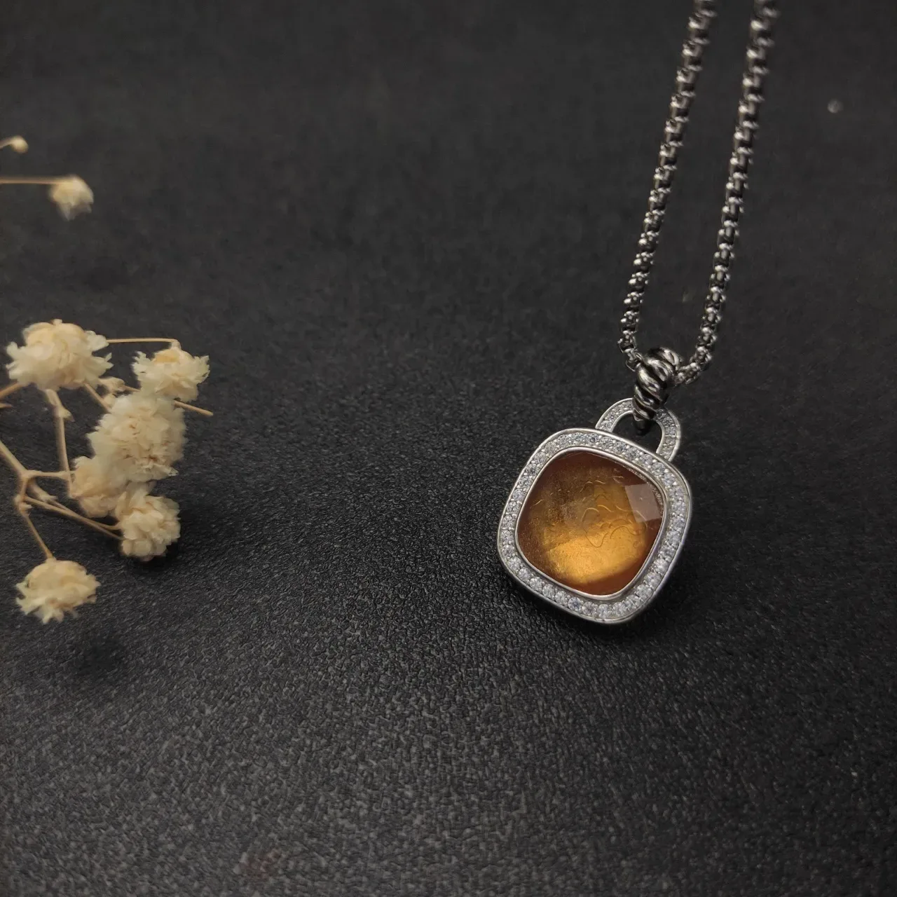 Orange Silver Cushion-Cut Pendant Pavé Diamond Halo Necklace 3