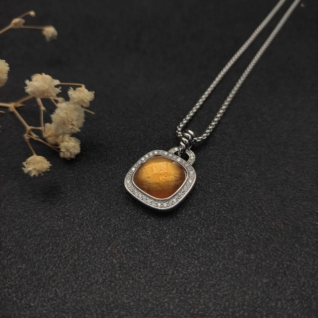 Orange Silver Cushion-Cut Pendant Pavé Diamond Halo Necklace 4