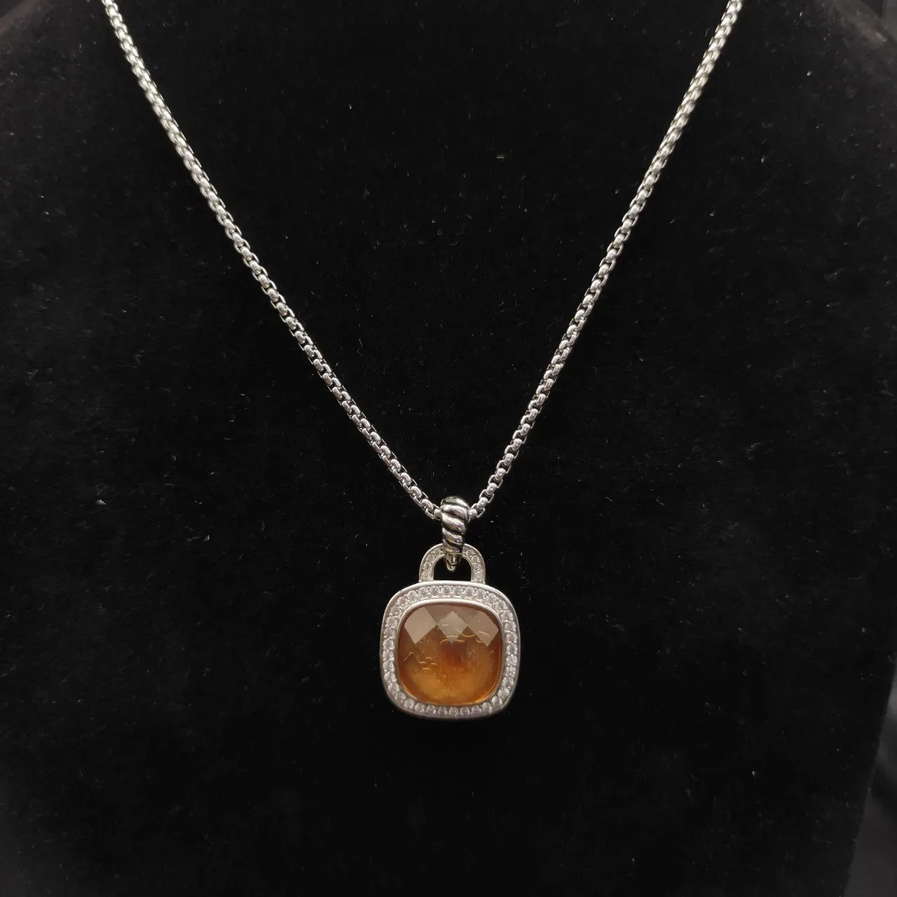 Orange Silver Cushion-Cut Pendant Pavé Diamond Halo Necklace 5