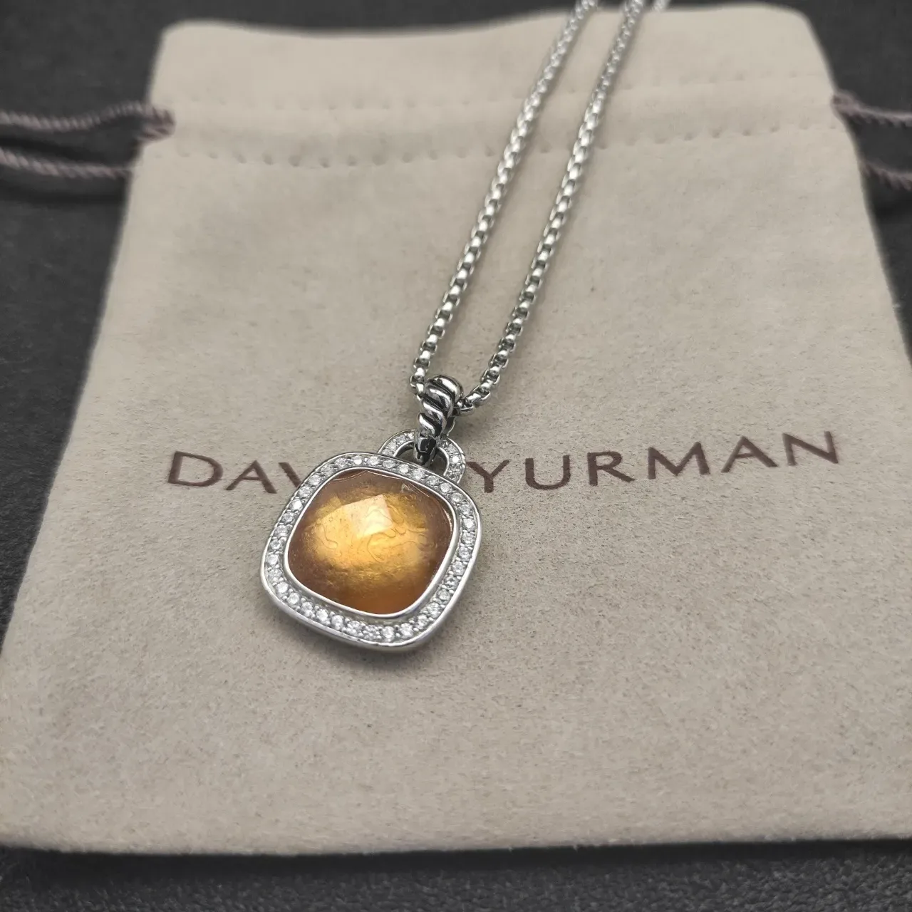 Orange Silver Cushion-Cut Pendant Pavé Diamond Halo Necklace 6