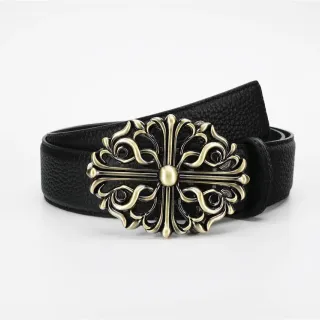 Ornate Cross Filigree Buckle Black Leather Belt