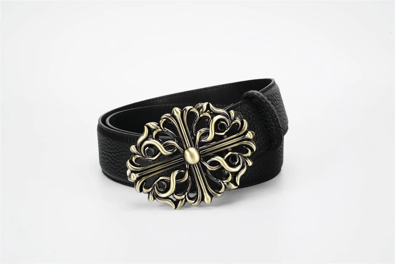 Ornate Cross Filigree Buckle Black Leather Belt 6