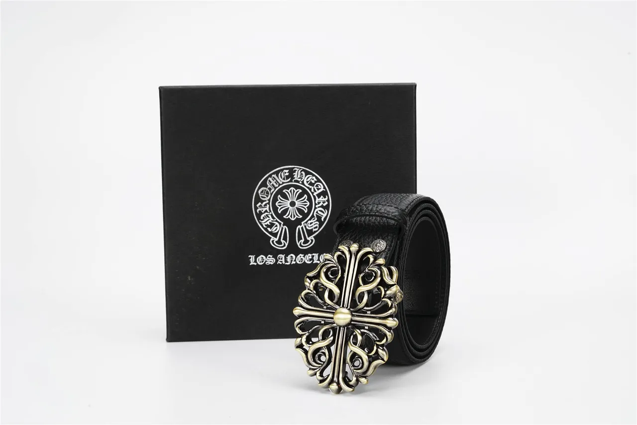Ornate Cross Filigree Buckle Black Leather Belt 8