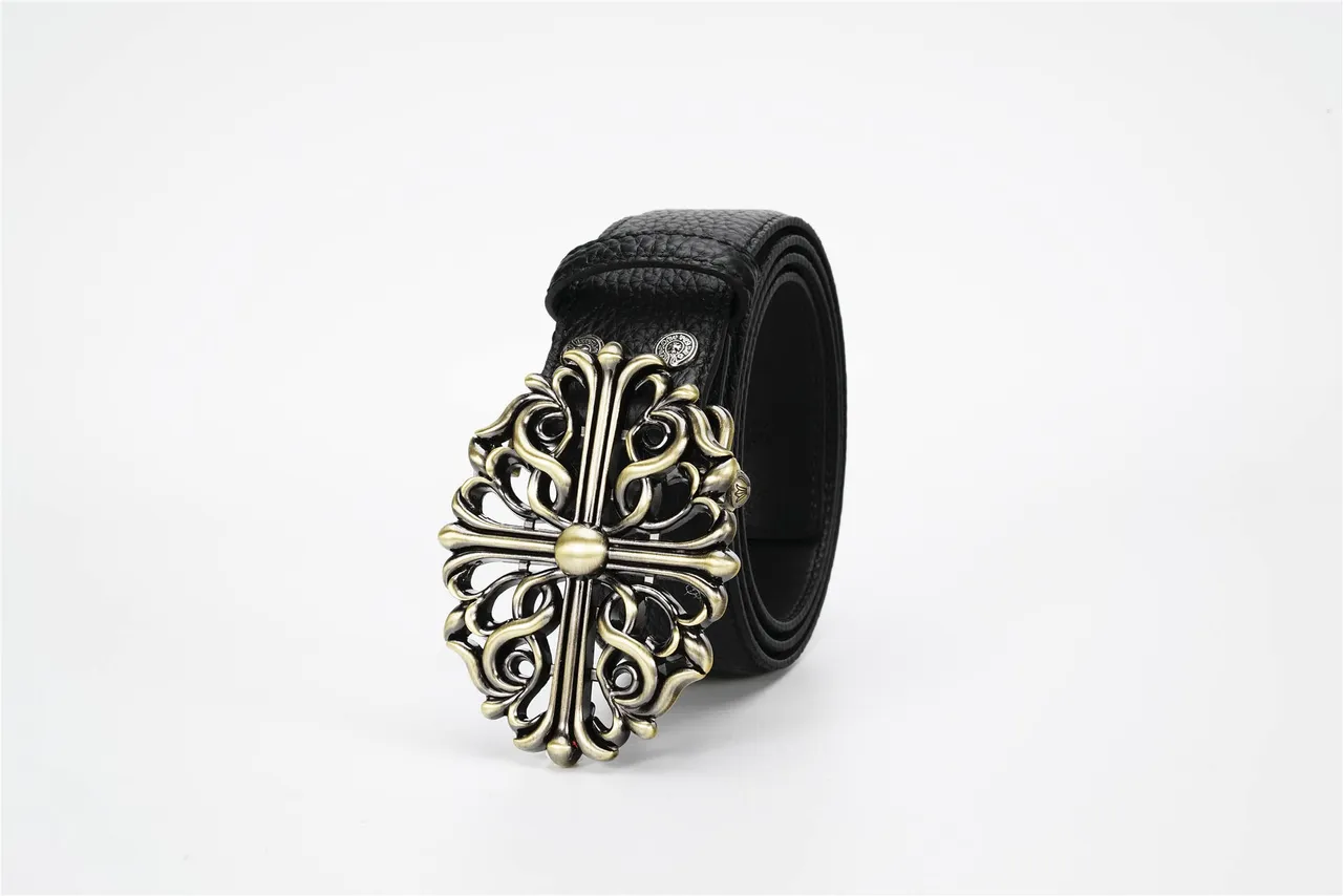 Ornate Cross Filigree Buckle Black Leather Belt 9