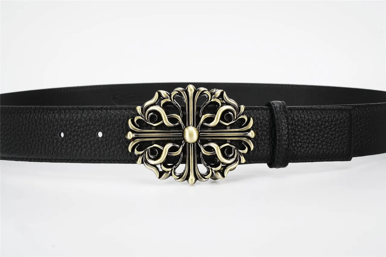 Ornate Cross Filigree Buckle Black Leather Belt 10