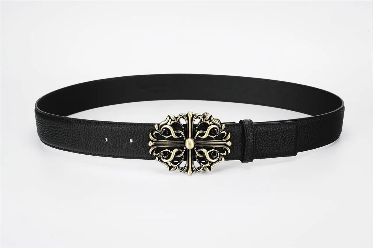 Ornate Cross Filigree Buckle Black Leather Belt 11