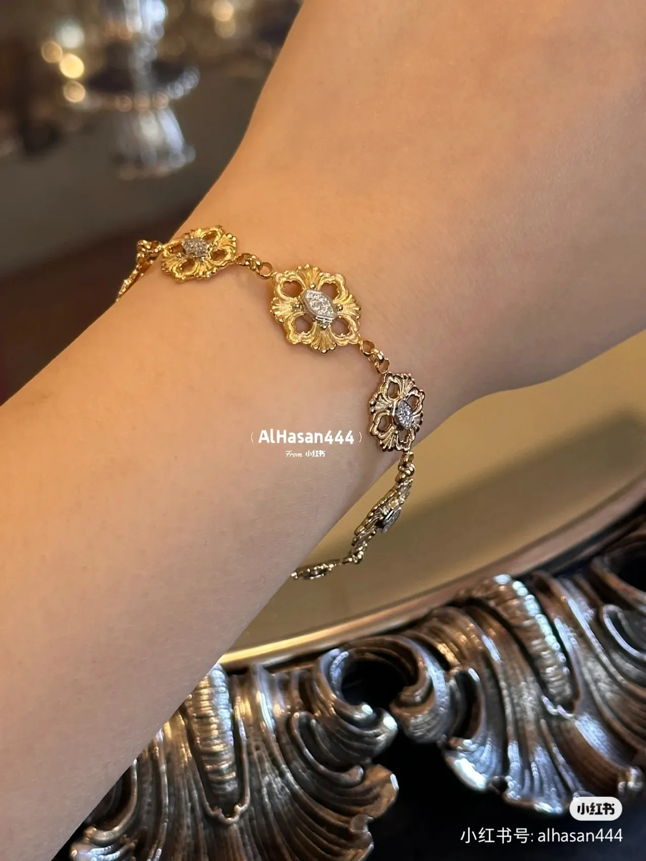 Ornate Floral-Link Pavé Stone Gold-Tone Bracelet 4