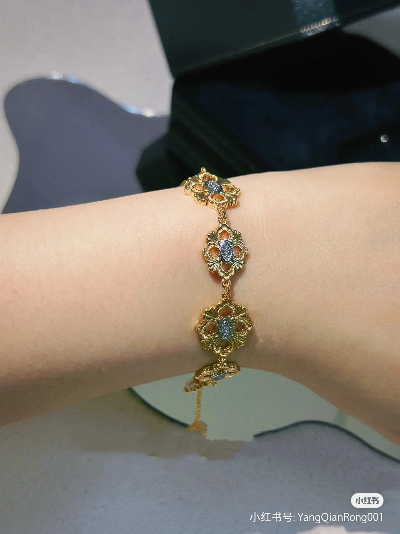 Ornate Floral-Link Pavé Stone Gold-Tone Bracelet 6