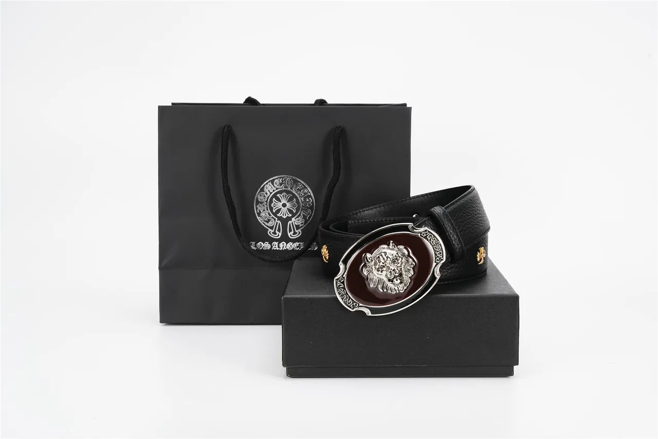 Ornate Lion-Head Buckle Black Pebbled Leather Belt 3
