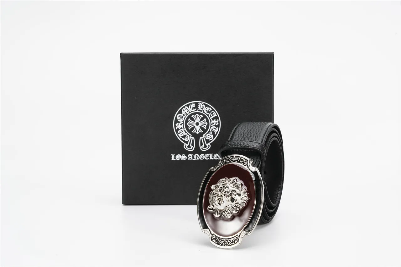 Ornate Lion-Head Buckle Black Pebbled Leather Belt 4