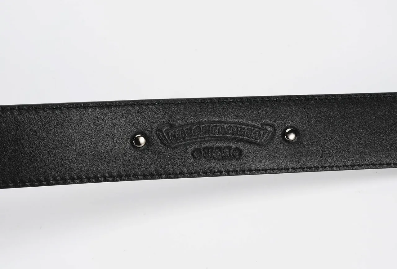 Ornate Lion-Head Buckle Black Pebbled Leather Belt 6