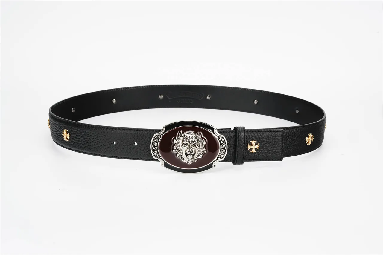 Ornate Lion-Head Buckle Black Pebbled Leather Belt 8