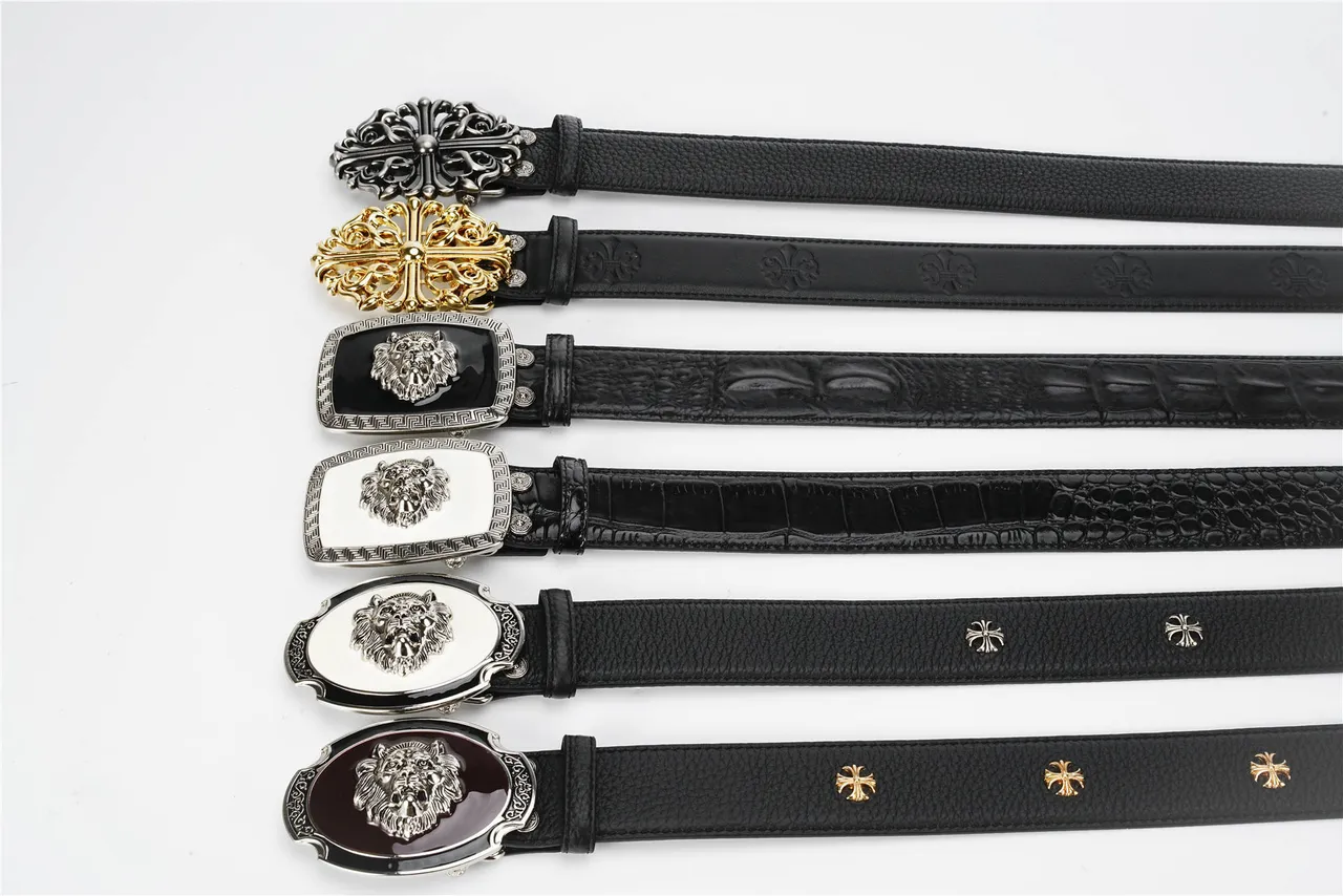 Ornate Lion-Head Buckle Black Pebbled Leather Belt 9