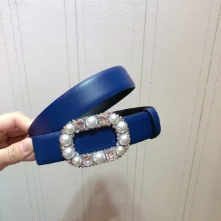 Ornate Pearl and Crystal Buckle Blue Leather Belt