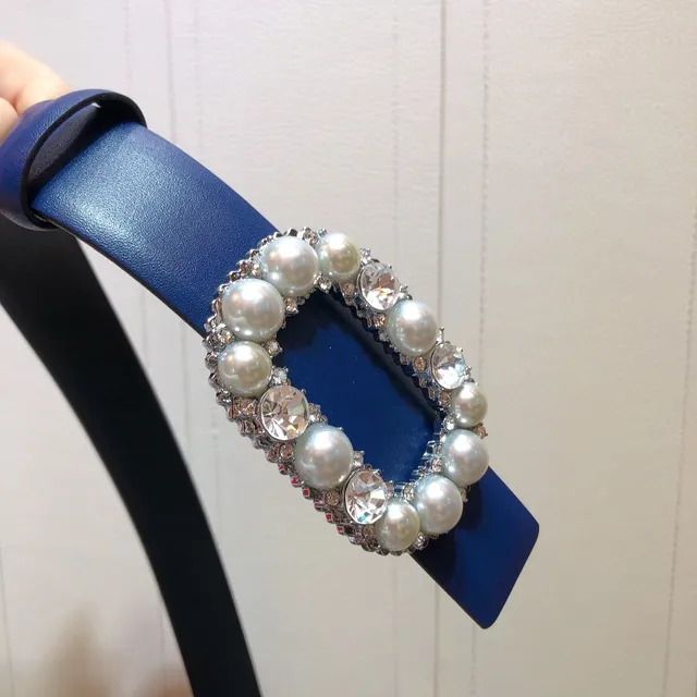 Ornate Pearl and Crystal Buckle Blue Leather Belt 2