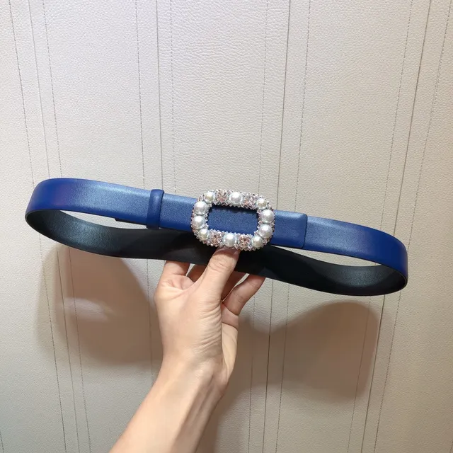 Ornate Pearl and Crystal Buckle Blue Leather Belt 6