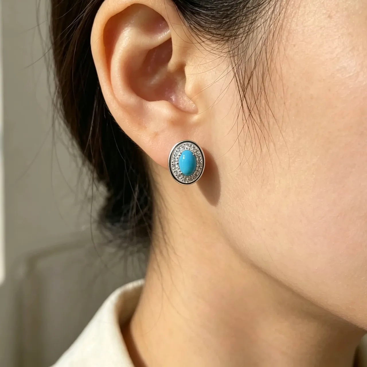 Oval Blue Cabochon Pave Halo Stud Earrings 2