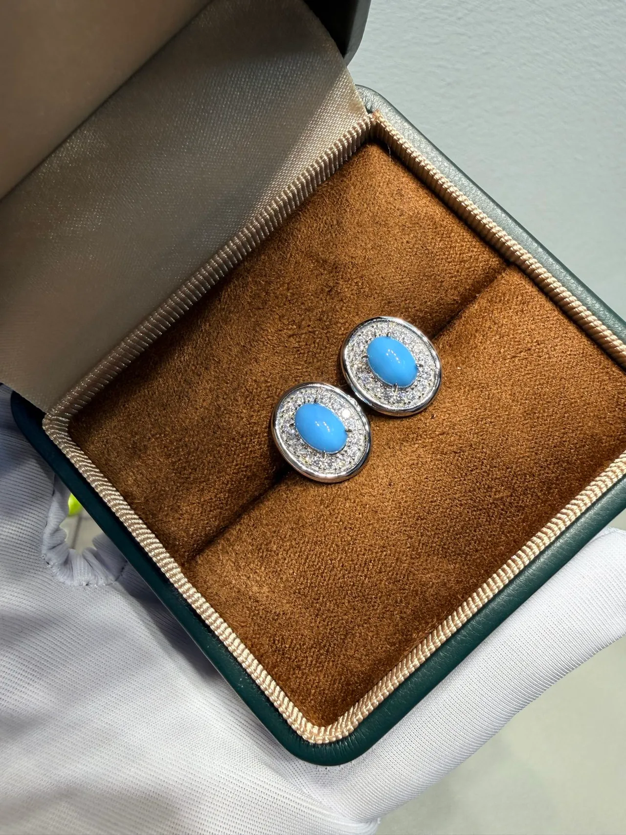 Oval Blue Cabochon Pave Halo Stud Earrings 3