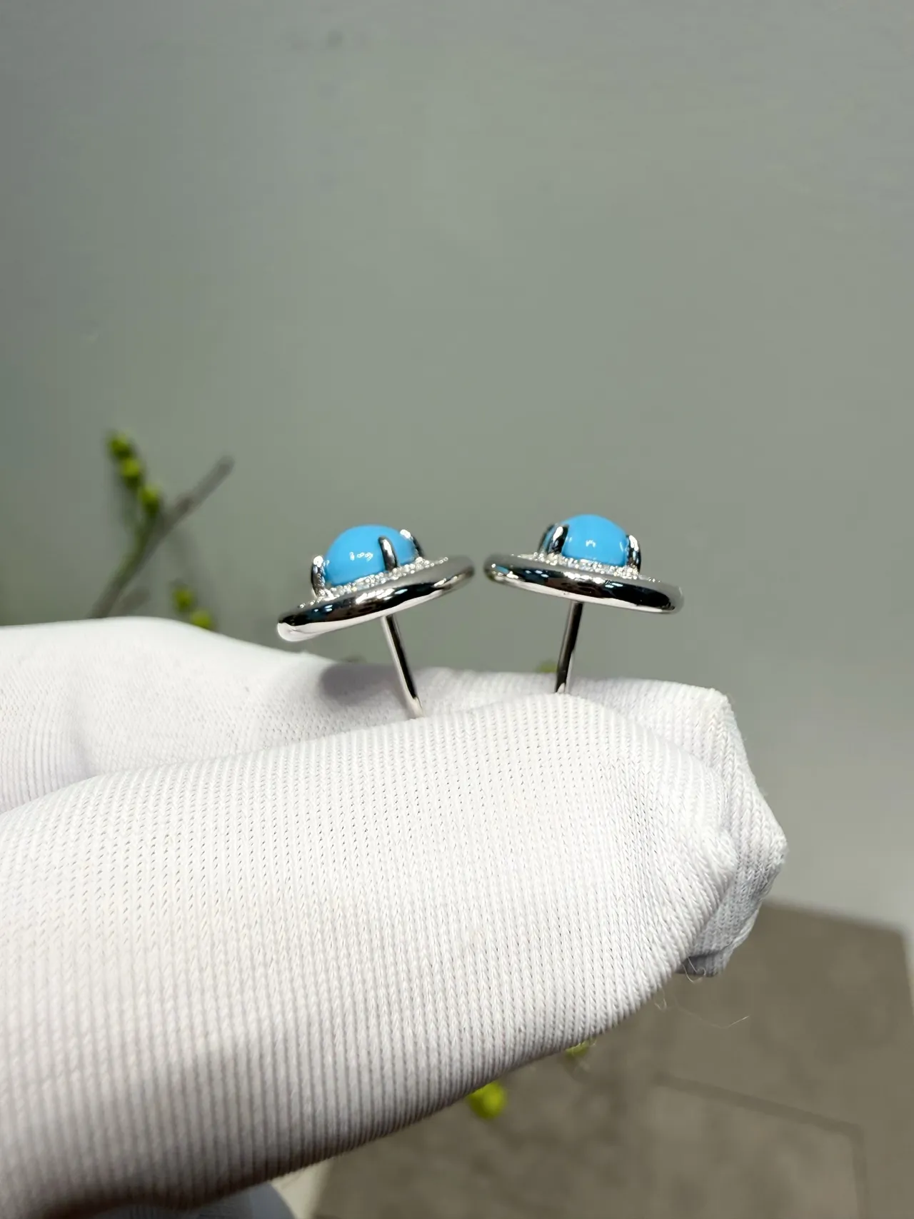 Oval Blue Cabochon Pave Halo Stud Earrings 4