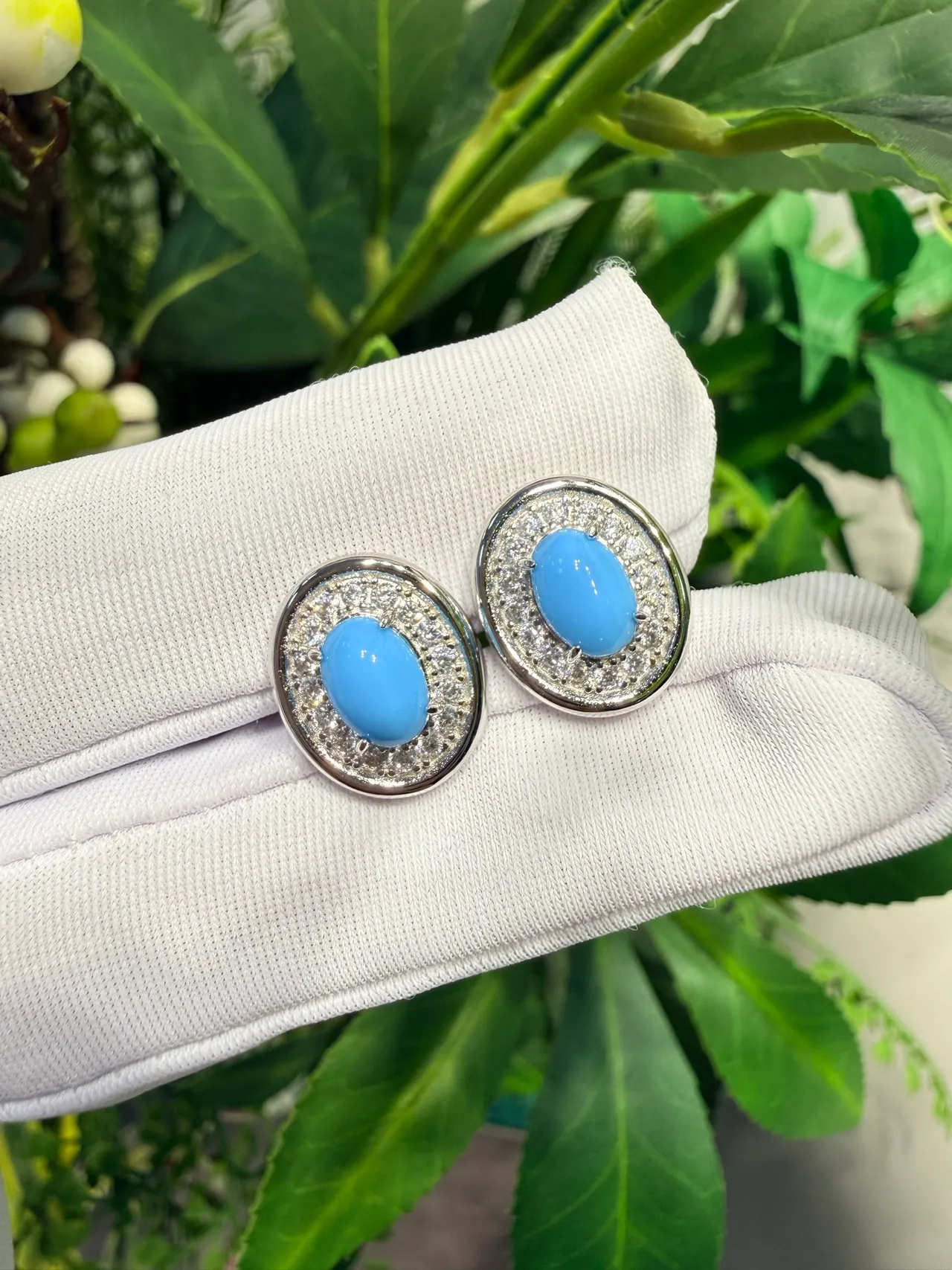 Oval Blue Cabochon Pave Halo Stud Earrings 5