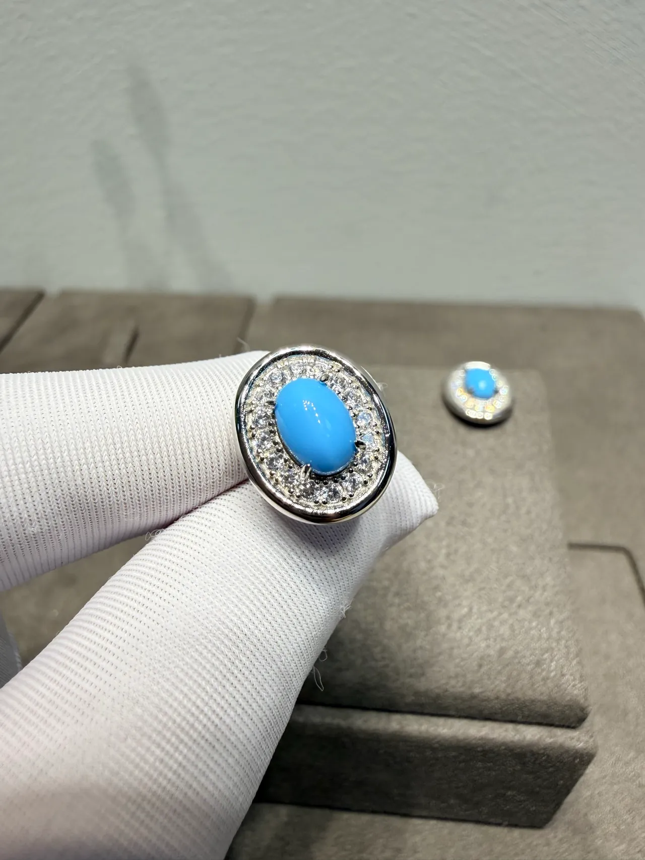 Oval Blue Cabochon Pave Halo Stud Earrings 6
