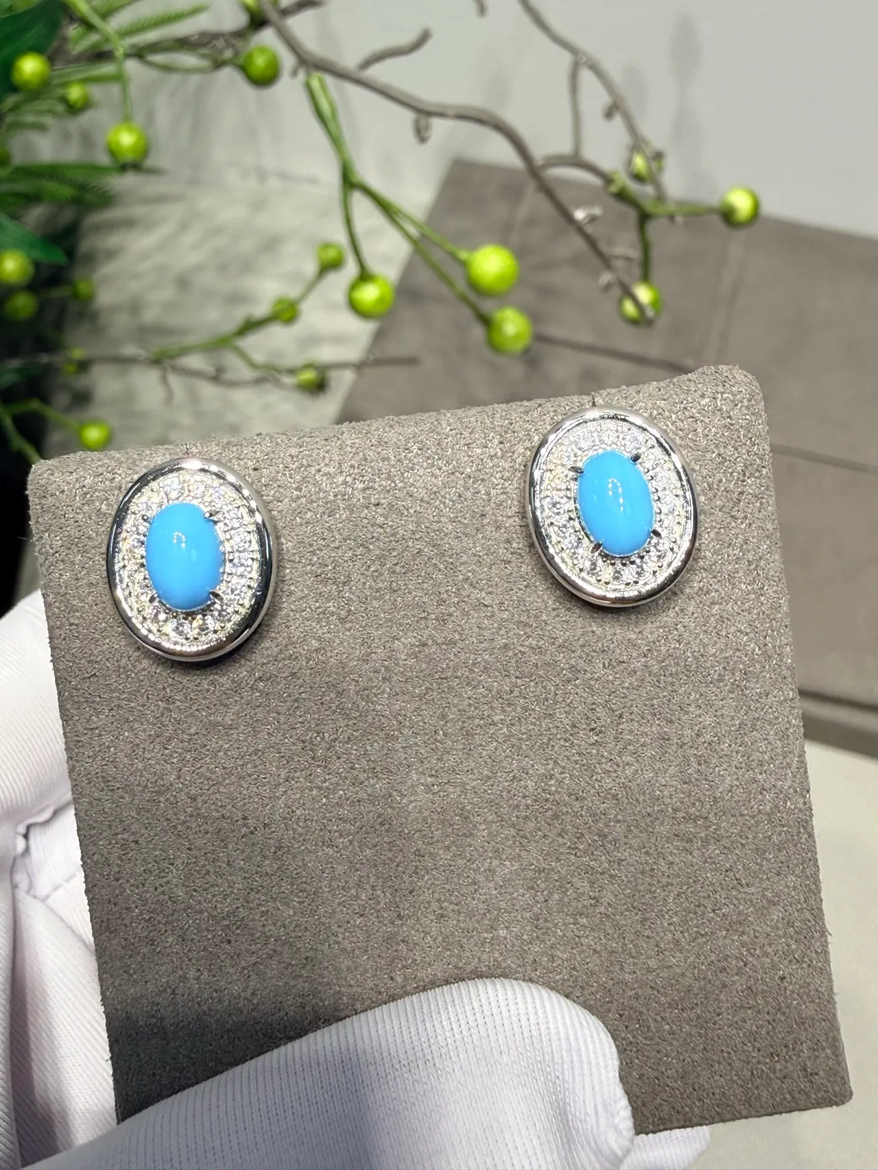 Oval Blue Cabochon Pave Halo Stud Earrings 7