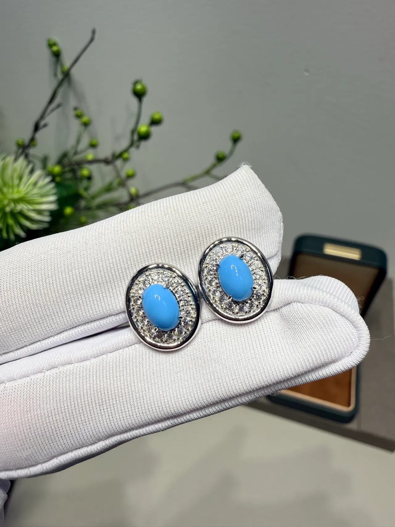 Oval Blue Cabochon Pave Halo Stud Earrings 9