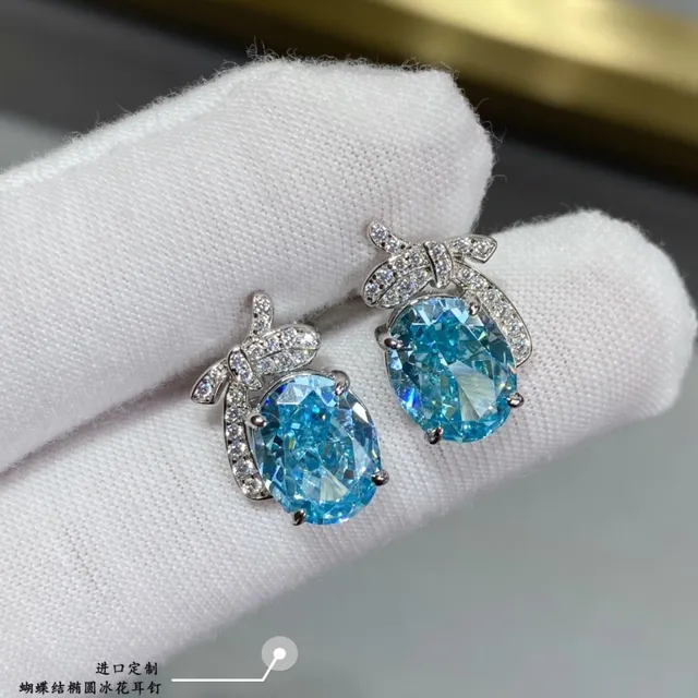 Oval Blue Stone Pavé Bow Motif Stud Earrings 3