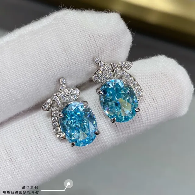 Oval Blue Stone Pavé Bow Motif Stud Earrings 6