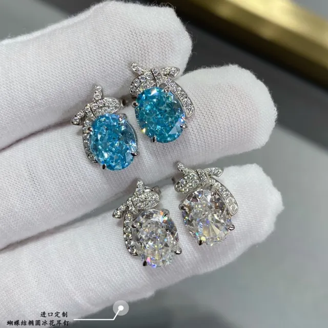 Oval Blue Stone Pavé Bow Motif Stud Earrings 8