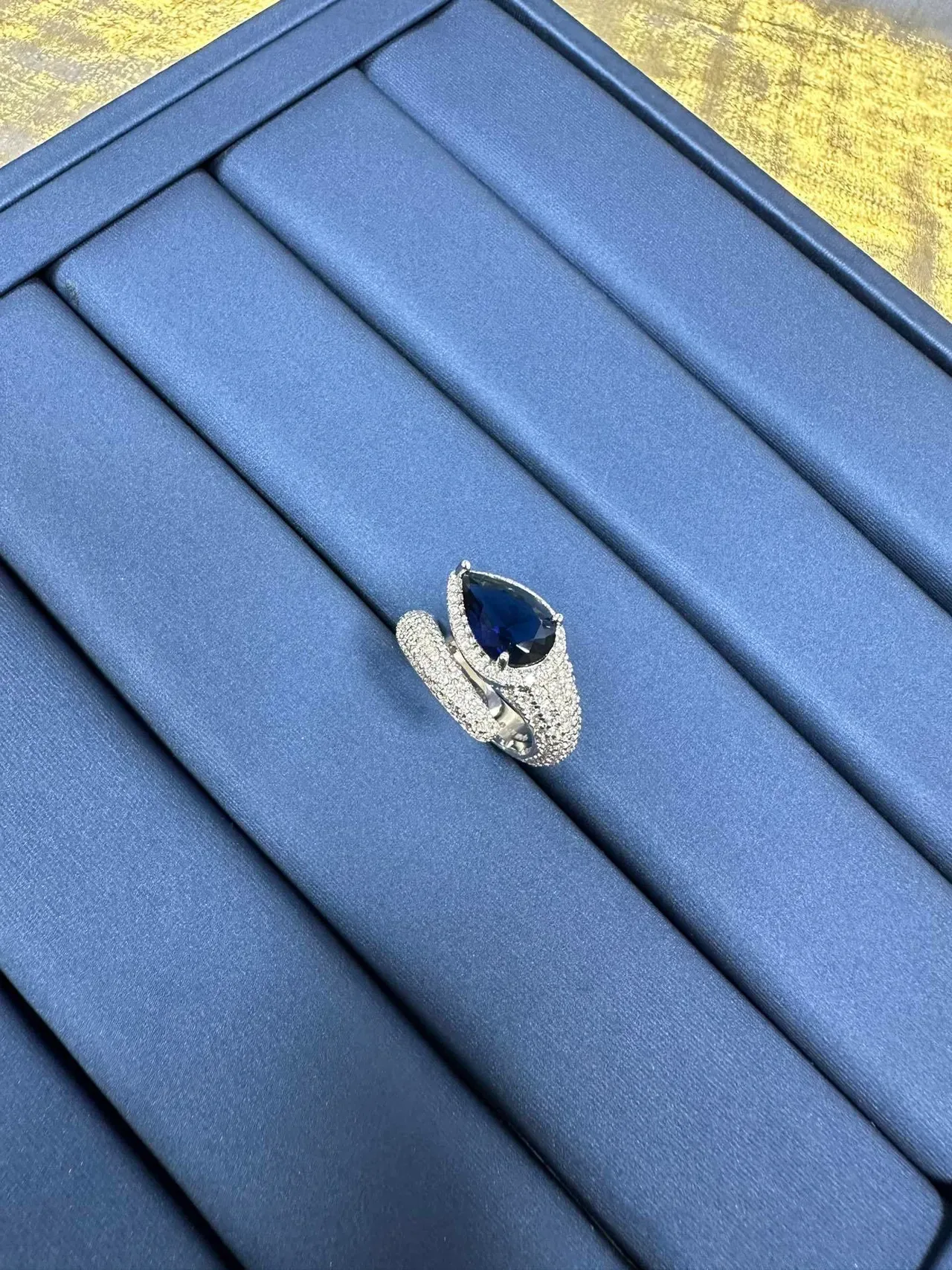 Pear-Shaped Blue Gemstone Pavé Halo Statement Ring 5