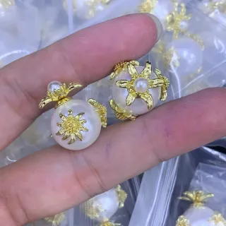 Pearl and Gold Floral Motif Stud Earrings