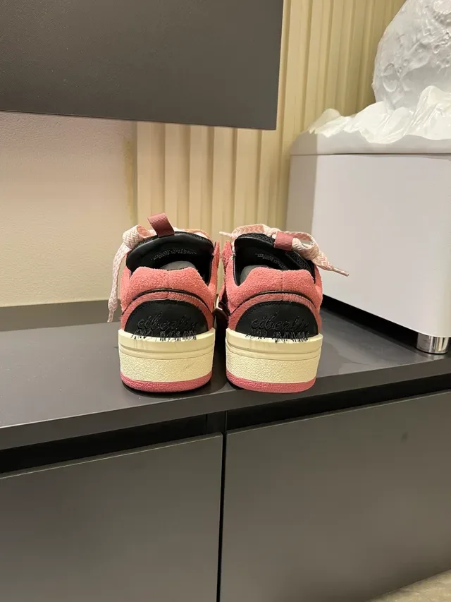 Pink and Black Laceless Suede Platform Sneakers 2