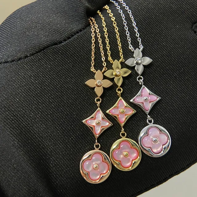 Pink Gold Floral Quatrefoil Pendants Mother-of-Pearl Inlay Necklace 6