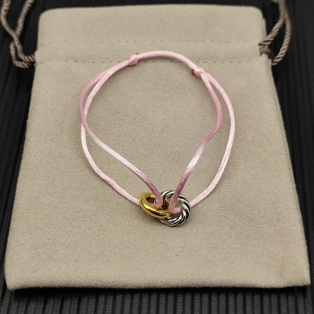 Pink Gold Thin Cord Dual-Tone Metal Knot Clasp Bracelet 7