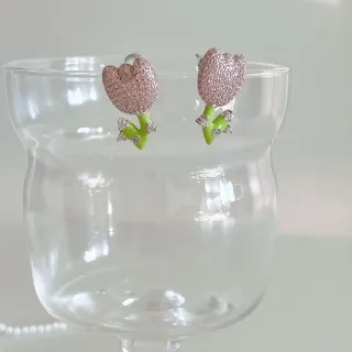 Pink Green Tulip-Shaped Pavé-Set Earrings