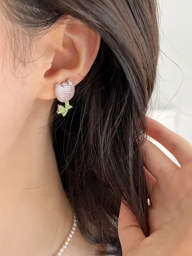 Pink Green Tulip-Shaped Pavé-Set Earrings 2