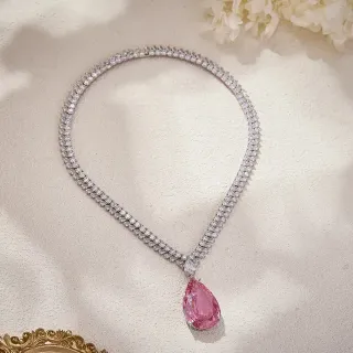 Collar Cadena Multi-Fila Pave-Set Dije Perla Rosa Plata