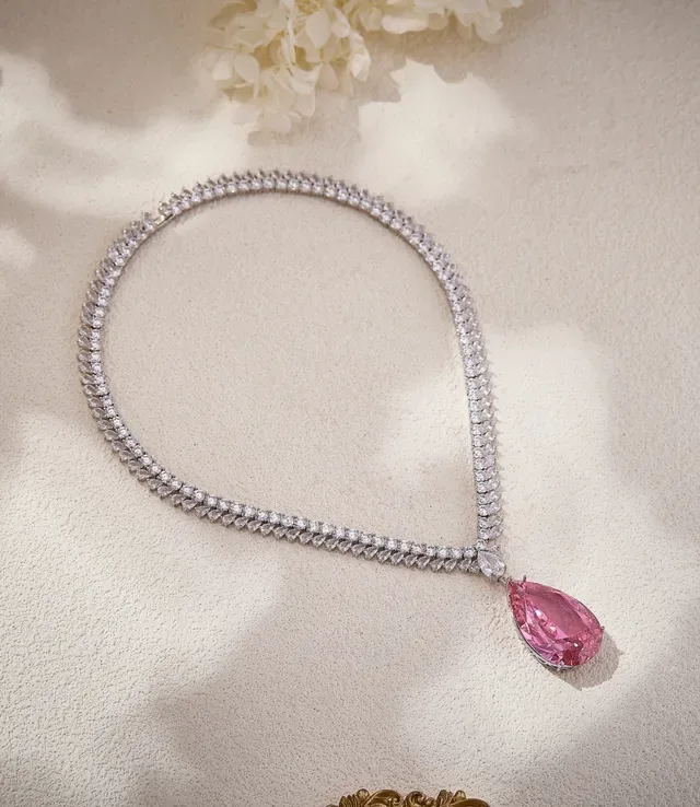 Pink Silver Multi-Row Pave-Set Chain Pear-Shaped Pendant Necklace 2