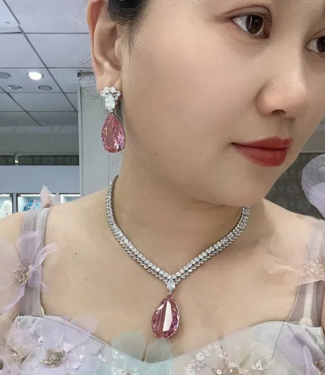 Pink Silver Multi-Row Pave-Set Chain Pear-Shaped Pendant Necklace 3