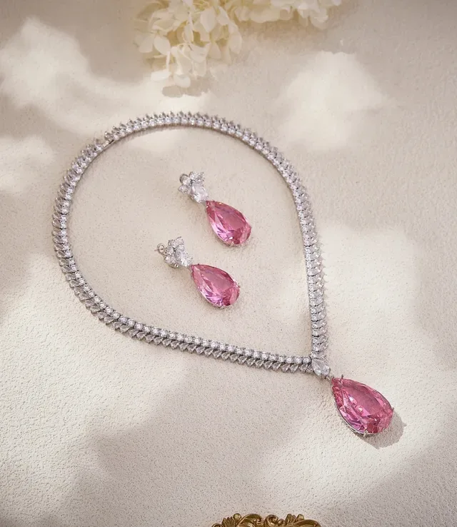 Pink Silver Multi-Row Pave-Set Chain Pear-Shaped Pendant Necklace 4