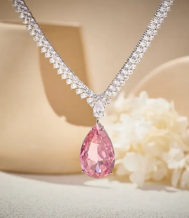 Pink Silver Multi-Row Pave-Set Chain Pear-Shaped Pendant Necklace 6
