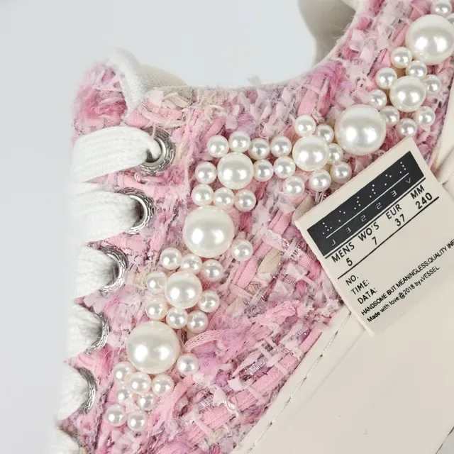 Pink Tweed Pearl-Embellished Platform Sneaker 6