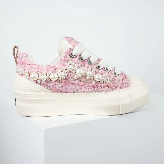 Pink Tweed Pearl-Embellished Platform Sneaker 7